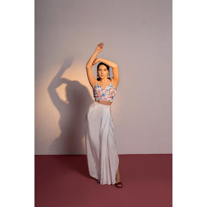 Redpine Designs White Printed Drape Skirt with Short Cape and Blouse (Set of 3)