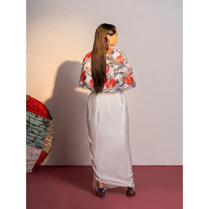 Redpine Designs White Printed Drape Skirt with Short Cape and Blouse (Set of 3)