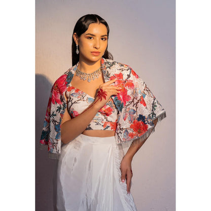 Redpine Designs White Printed Drape Skirt with Short Cape and Blouse (Set of 3)