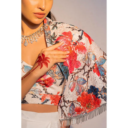 Redpine Designs White Printed Drape Skirt with Short Cape and Blouse (Set of 3)