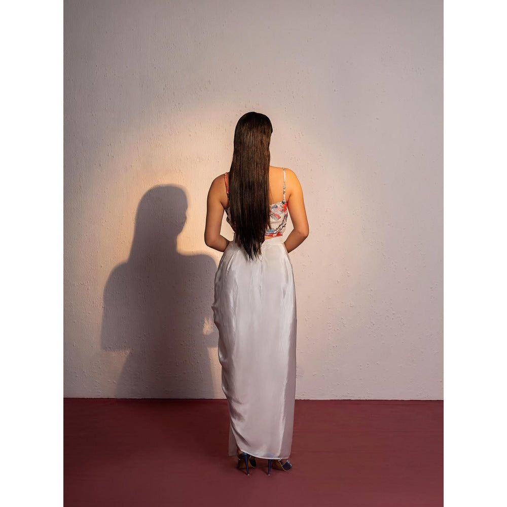 Redpine Designs White Printed Drape Skirt with Short Cape and Blouse (Set of 3)