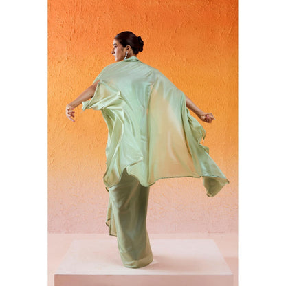 Redpine Designs Pista Green Embroidered Drape Skirt with Cape and Blouse (Set of 3)