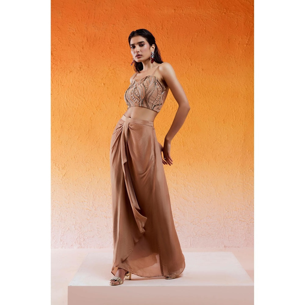 Redpine Designs Nude Embroidered Drape Skirt with Cape and Blouse (Set of 3)