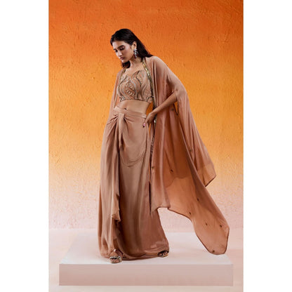 Redpine Designs Nude Embroidered Drape Skirt with Cape and Blouse (Set of 3)