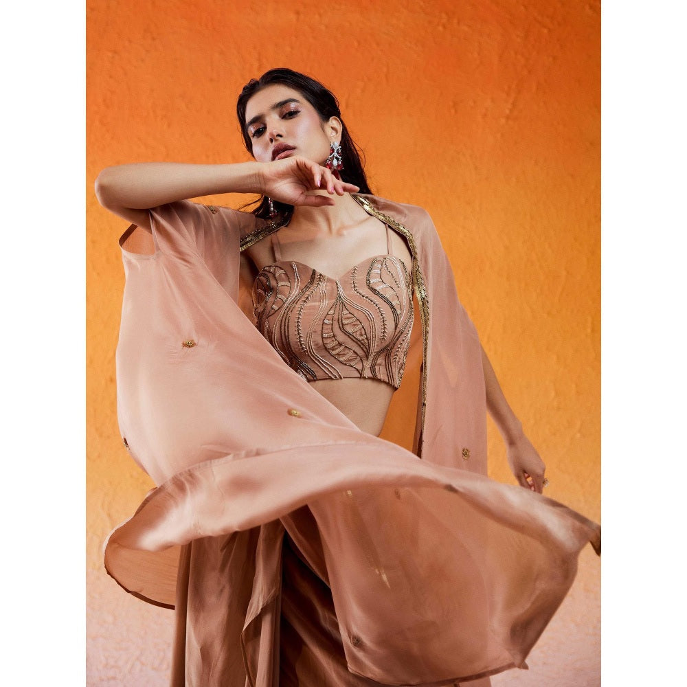 Redpine Designs Nude Embroidered Drape Skirt with Cape and Blouse (Set of 3)