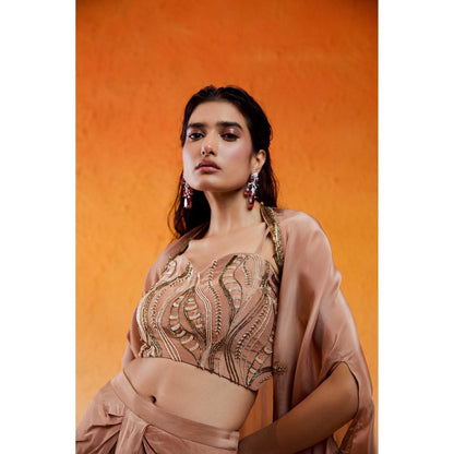 Redpine Designs Nude Embroidered Drape Skirt with Cape and Blouse (Set of 3)