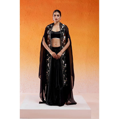 Redpine Designs Black Embroidered Drape Skirt with Cape and Blouse (Set of 3)