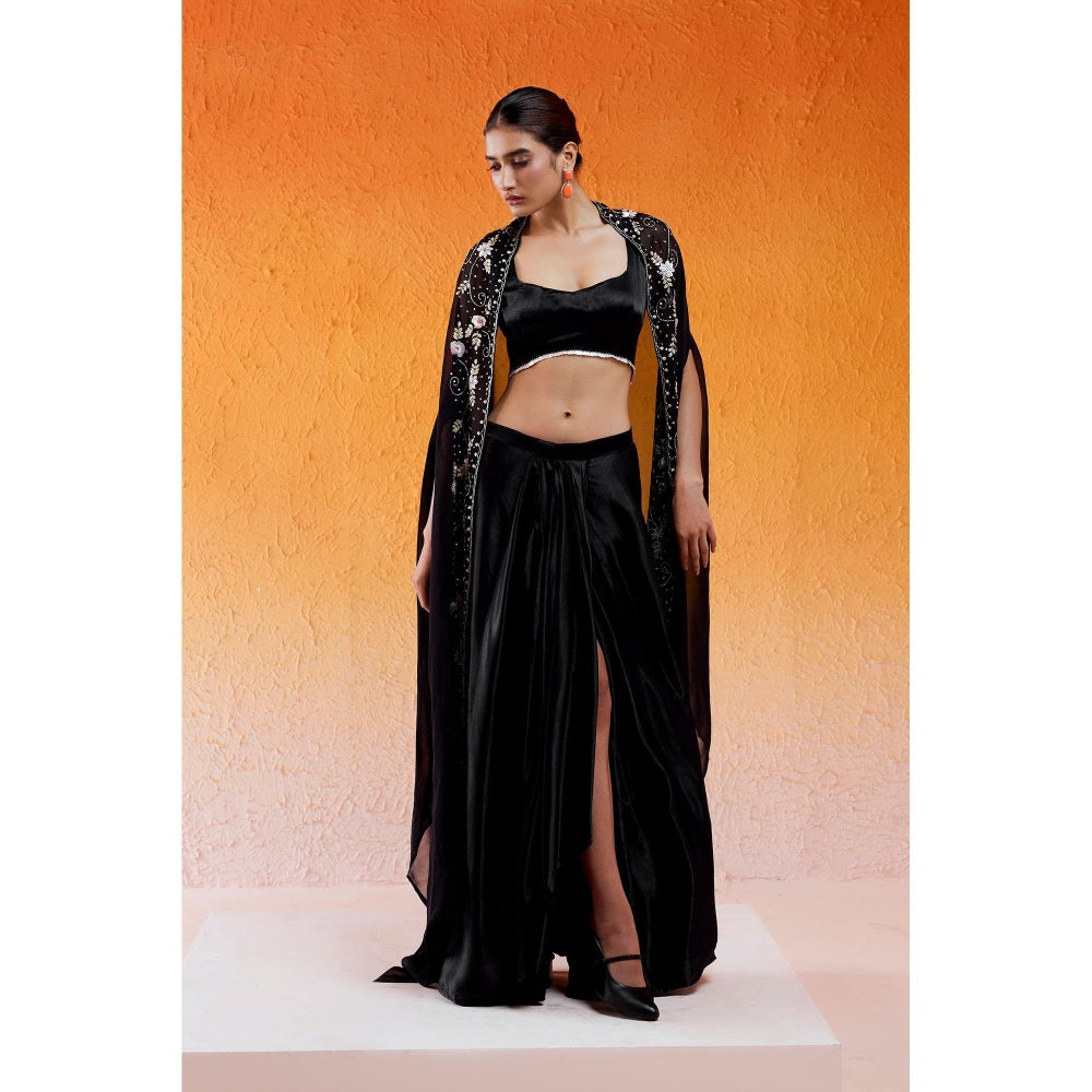 Redpine Designs Black Embroidered Drape Skirt with Cape and Blouse (Set of 3)