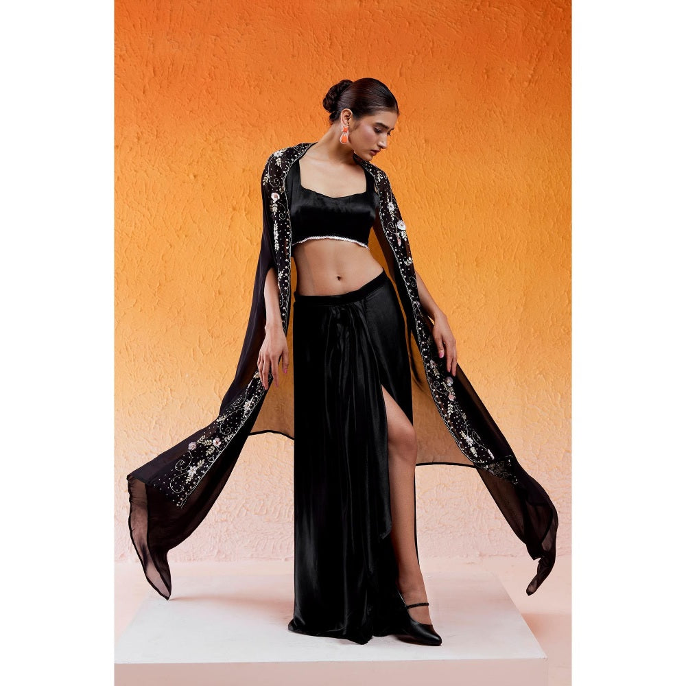 Redpine Designs Black Embroidered Drape Skirt with Cape and Blouse (Set of 3)