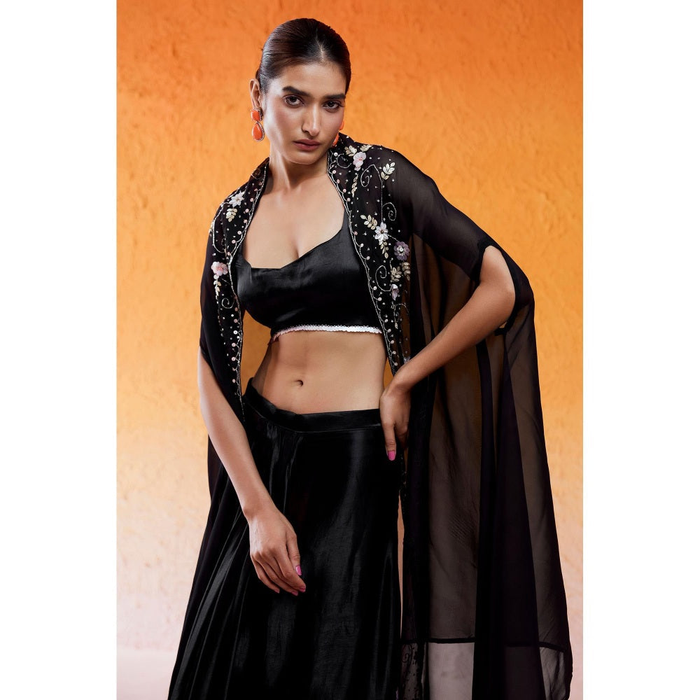 Redpine Designs Black Embroidered Drape Skirt with Cape and Blouse (Set of 3)
