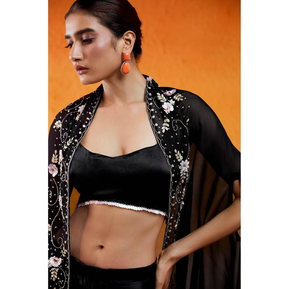 Redpine Designs Black Embroidered Drape Skirt with Cape and Blouse (Set of 3)