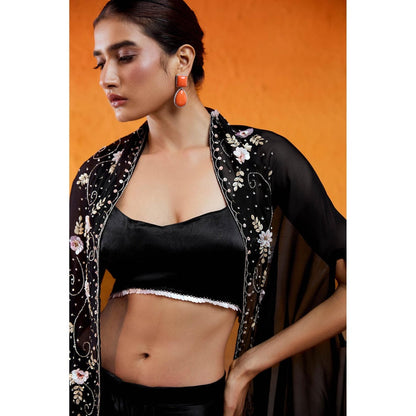 Redpine Designs Black Embroidered Drape Skirt with Cape and Blouse (Set of 3)