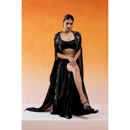 Redpine Designs Black Embroidered Drape Skirt with Cape and Blouse (Set of 3)