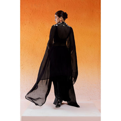 Redpine Designs Black Embroidered Drape Skirt with Cape and Blouse (Set of 3)