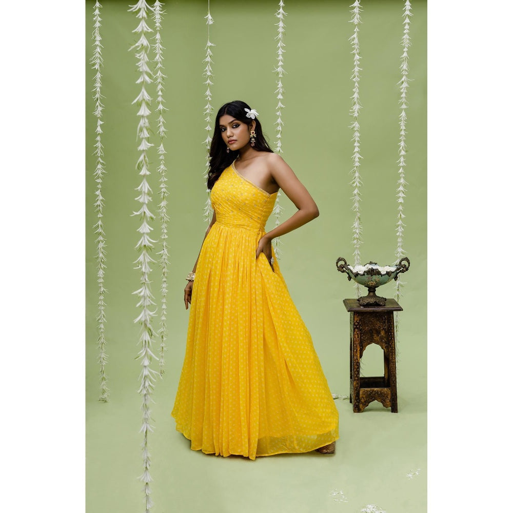 Redpine Designs Sunny Yellow Printed Embroidered Gown