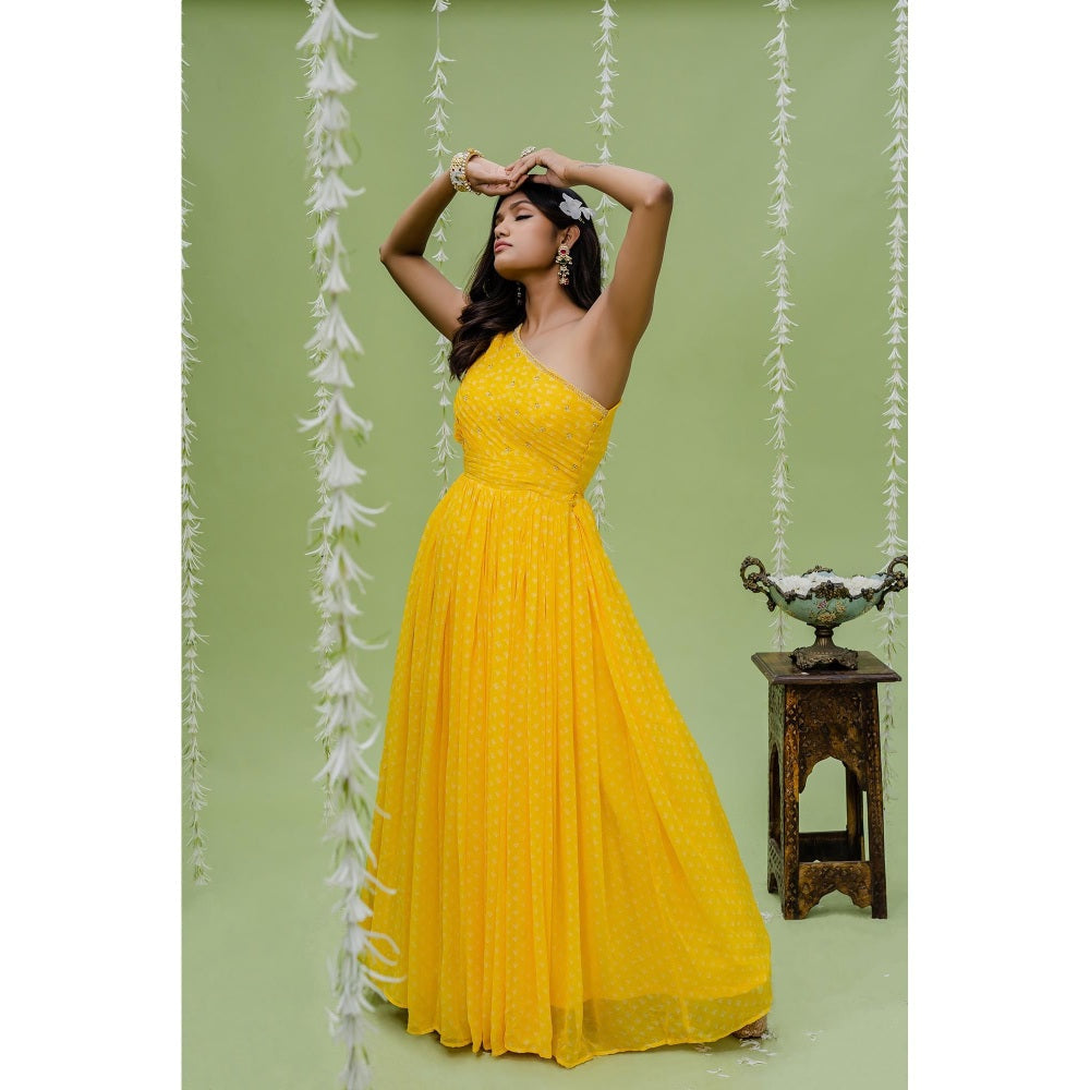 Redpine Designs Sunny Yellow Printed Embroidered Gown