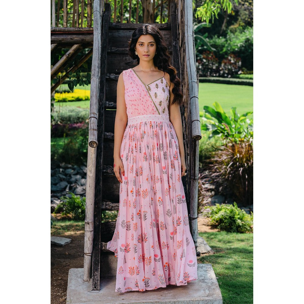 Redpine Designs Blush Pink Floral Printed Embroidered Maxi Dress