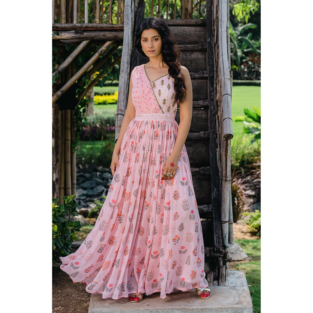Redpine Designs Blush Pink Floral Printed Embroidered Maxi Dress