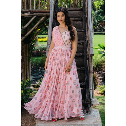 Redpine Designs Blush Pink Floral Printed Embroidered Maxi Dress