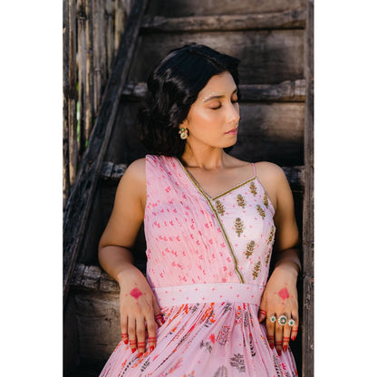 Redpine Designs Blush Pink Floral Printed Embroidered Maxi Dress