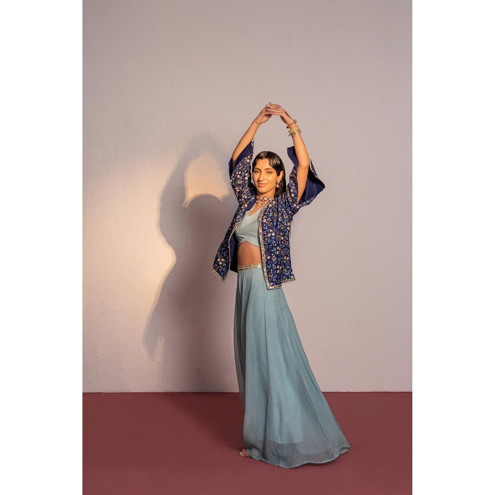 Redpine Designs Royal Blue Printed, Embroidered Cape with Palazzo and Bustier (Set of 3)