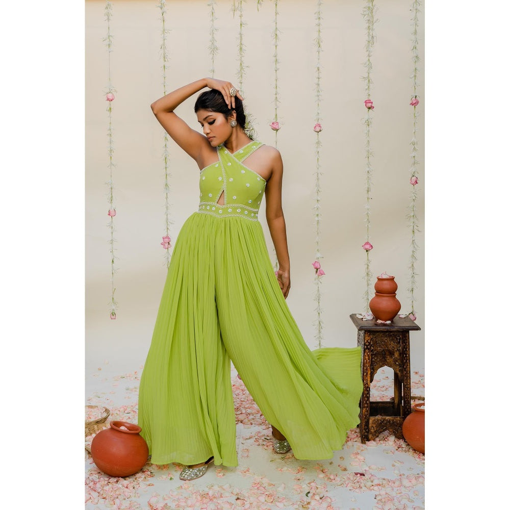 Redpine Designs Green Pleated Embroidered Jumpsuit