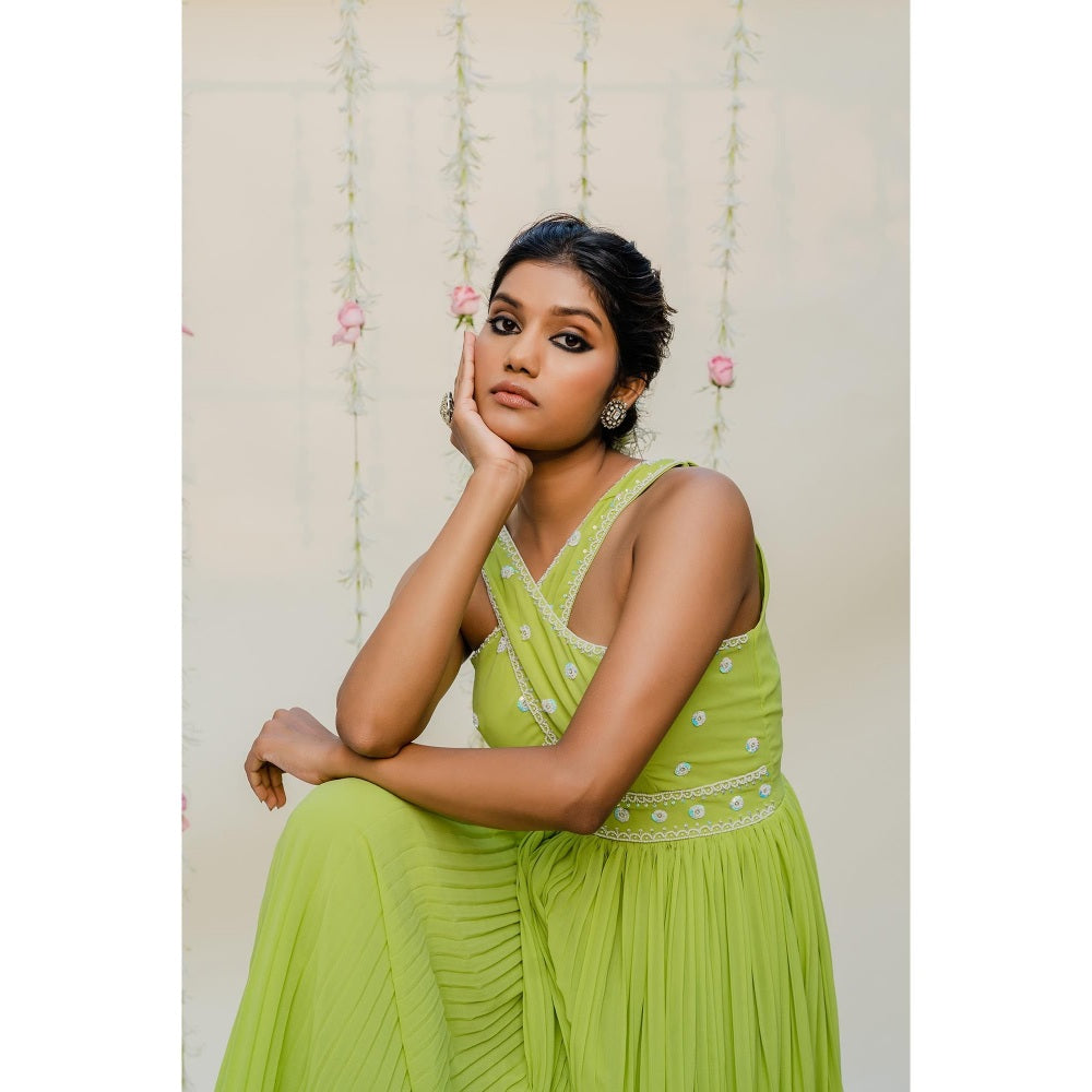 Redpine Designs Green Pleated Embroidered Jumpsuit