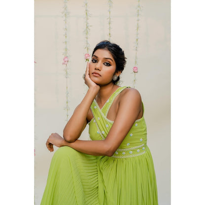 Redpine Designs Green Pleated Embroidered Jumpsuit