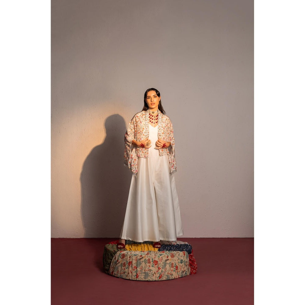 Redpine Designs Ivory Printed, Embroidered Jumpsuit with Cape (Set of 2)