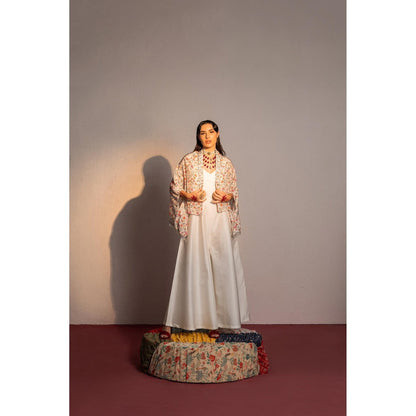 Redpine Designs Ivory Printed, Embroidered Jumpsuit with Cape (Set of 2)