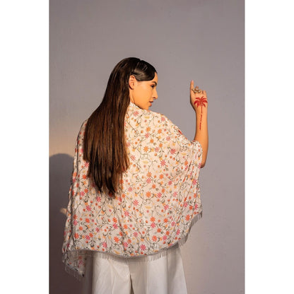 Redpine Designs Ivory Printed, Embroidered Jumpsuit with Cape (Set of 2)