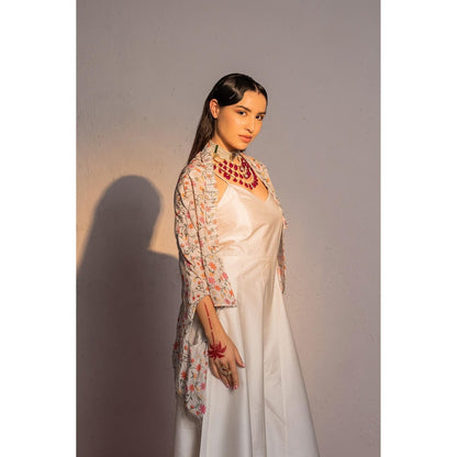 Redpine Designs Ivory Printed, Embroidered Jumpsuit with Cape (Set of 2)