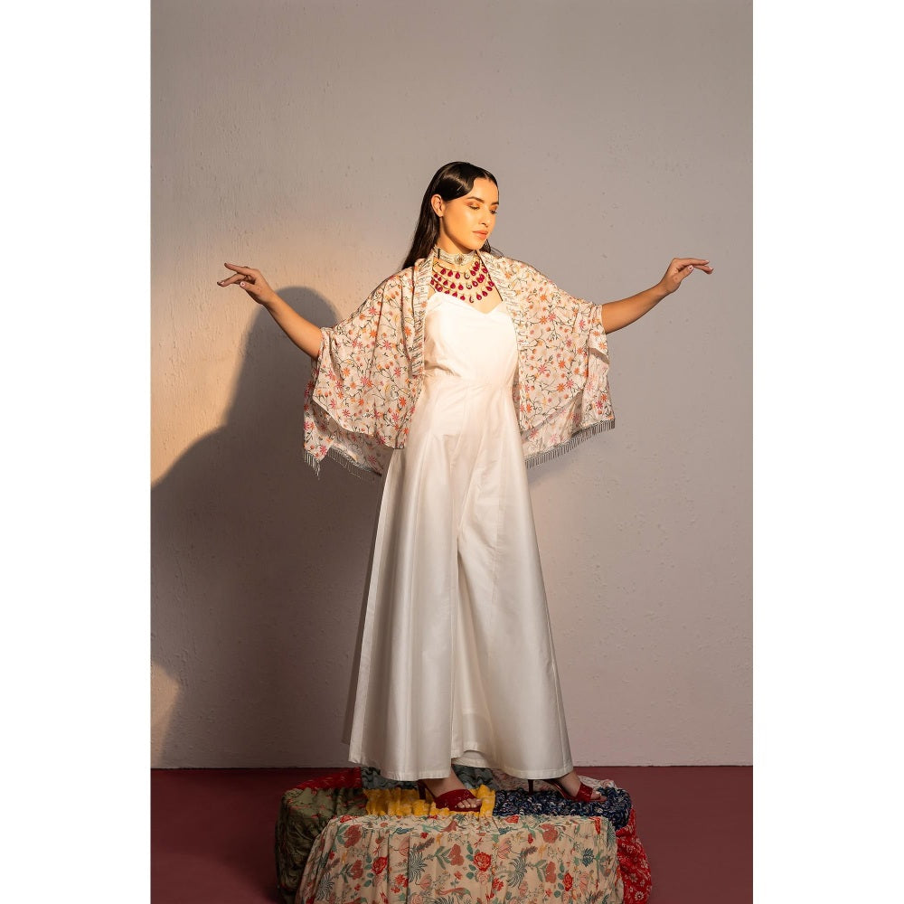 Redpine Designs Ivory Printed, Embroidered Jumpsuit with Cape (Set of 2)
