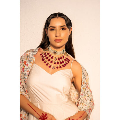 Redpine Designs Ivory Printed, Embroidered Jumpsuit with Cape (Set of 2)