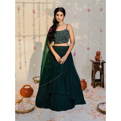 Redpine Designs Bottle Green Embellished Lehenga with Blouse and Dupatta (Set of 3)
