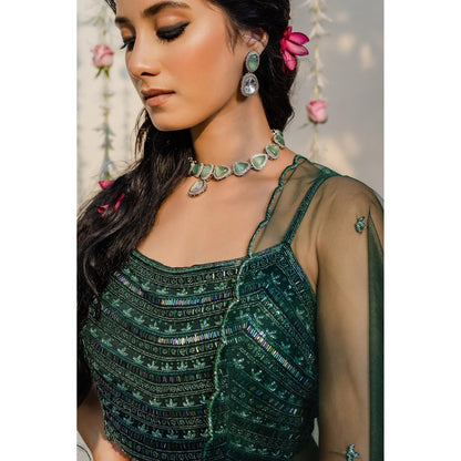 Redpine Designs Bottle Green Embellished Lehenga with Blouse and Dupatta (Set of 3)