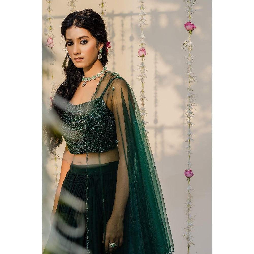 Redpine Designs Bottle Green Embellished Lehenga with Blouse and Dupatta (Set of 3)