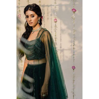 Redpine Designs Bottle Green Embellished Lehenga with Blouse and Dupatta (Set of 3)