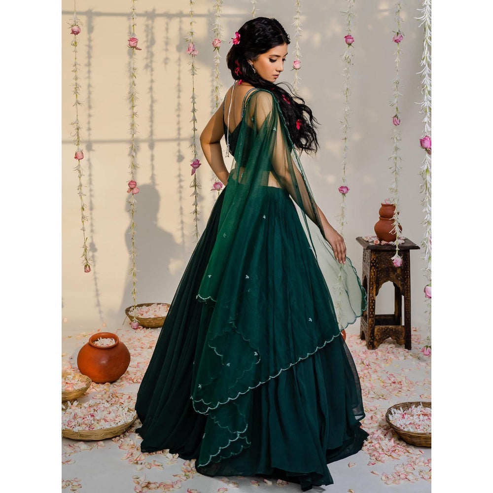 Redpine Designs Bottle Green Embellished Lehenga with Blouse and Dupatta (Set of 3)