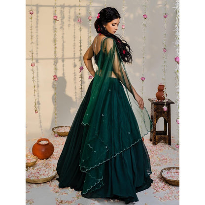 Redpine Designs Bottle Green Embellished Lehenga with Blouse and Dupatta (Set of 3)