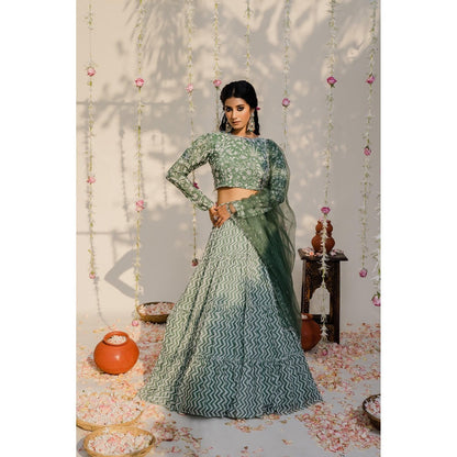 Redpine Designs Olive Embroidered Lehenga with Blouse, Dupatta and Belt (Set of 4)