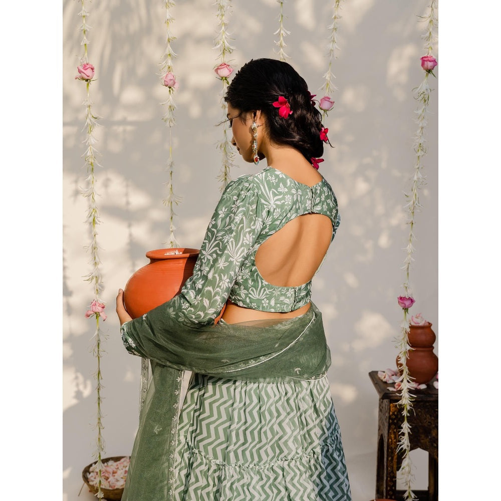 Redpine Designs Olive Embroidered Lehenga with Blouse, Dupatta and Belt (Set of 4)