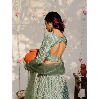 Redpine Designs Olive Embroidered Lehenga with Blouse, Dupatta and Belt (Set of 4)