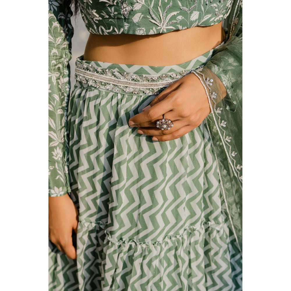 Redpine Designs Olive Embroidered Lehenga with Blouse, Dupatta and Belt (Set of 4)