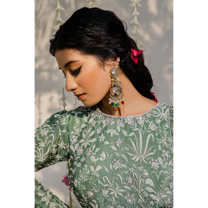 Redpine Designs Olive Embroidered Lehenga with Blouse, Dupatta and Belt (Set of 4)