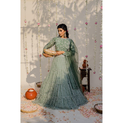 Redpine Designs Olive Embroidered Lehenga with Blouse, Dupatta and Belt (Set of 4)