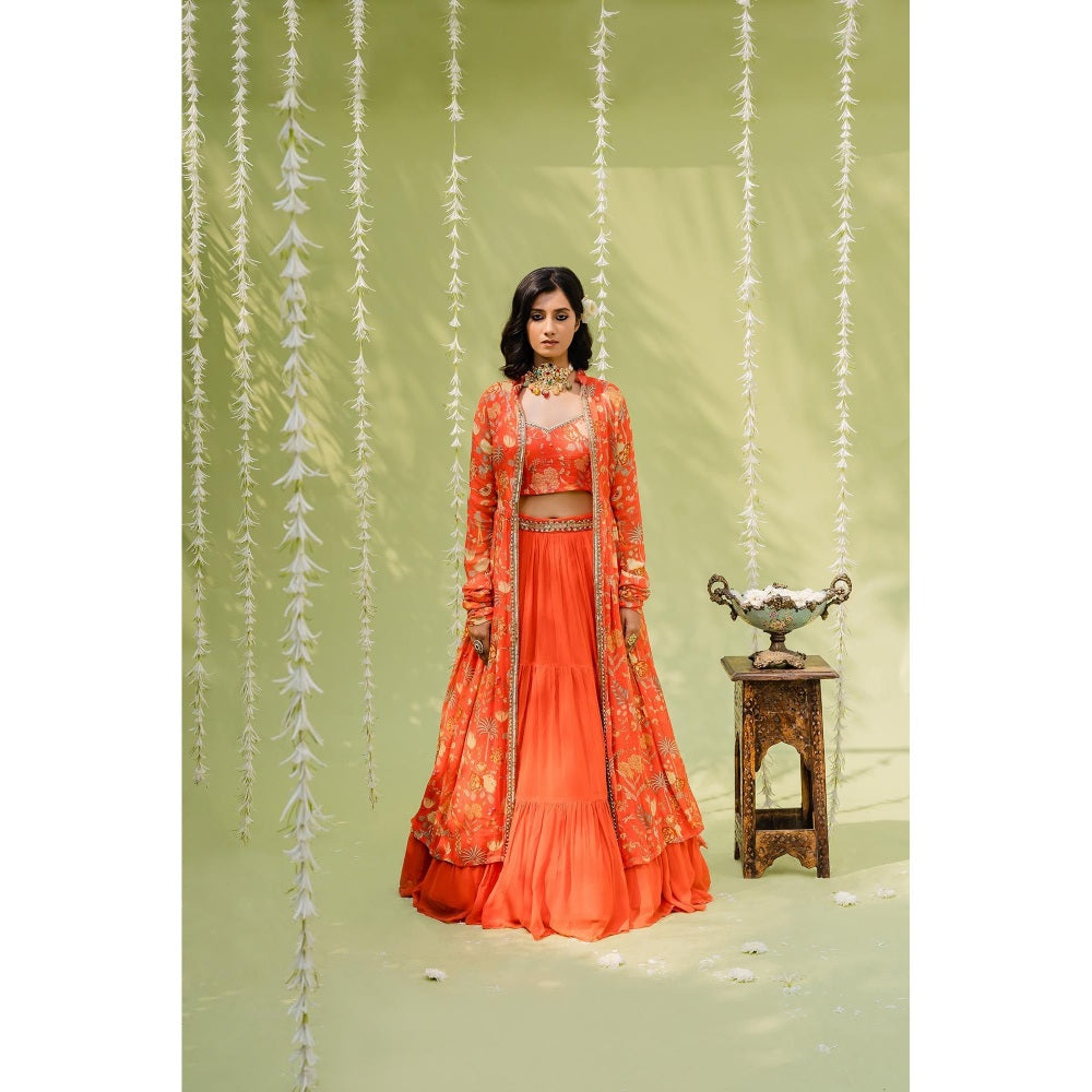Redpine Designs Orange Embroidered Lehenga with Blouse, Jacket and Belt (Set of 4)