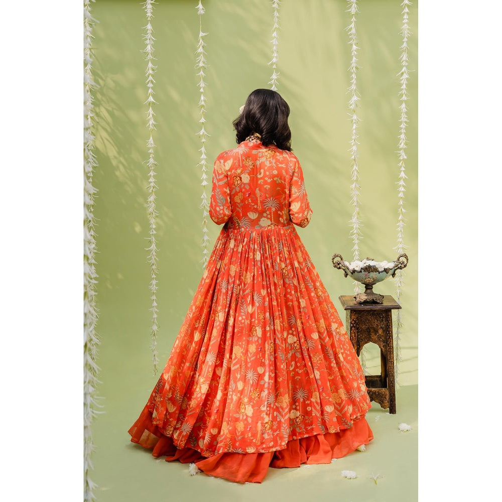 Redpine Designs Orange Embroidered Lehenga with Blouse, Jacket and Belt (Set of 4)