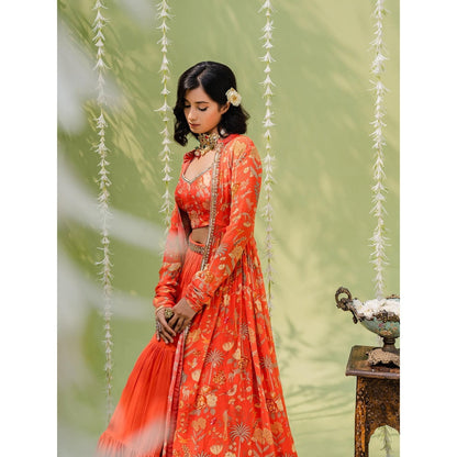 Redpine Designs Orange Embroidered Lehenga with Blouse, Jacket and Belt (Set of 4)