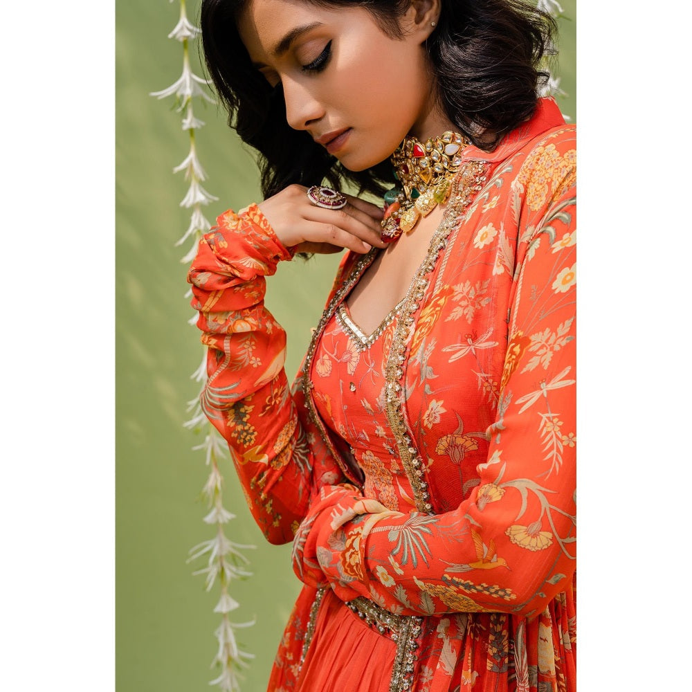 Redpine Designs Orange Embroidered Lehenga with Blouse, Jacket and Belt (Set of 4)